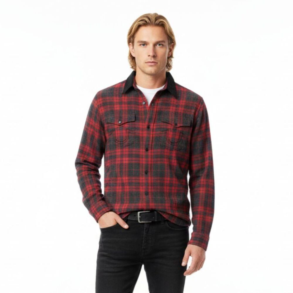 True Religion Grey & Red Western Plaid Gingham Long Sleeve Button Up Shirt XL